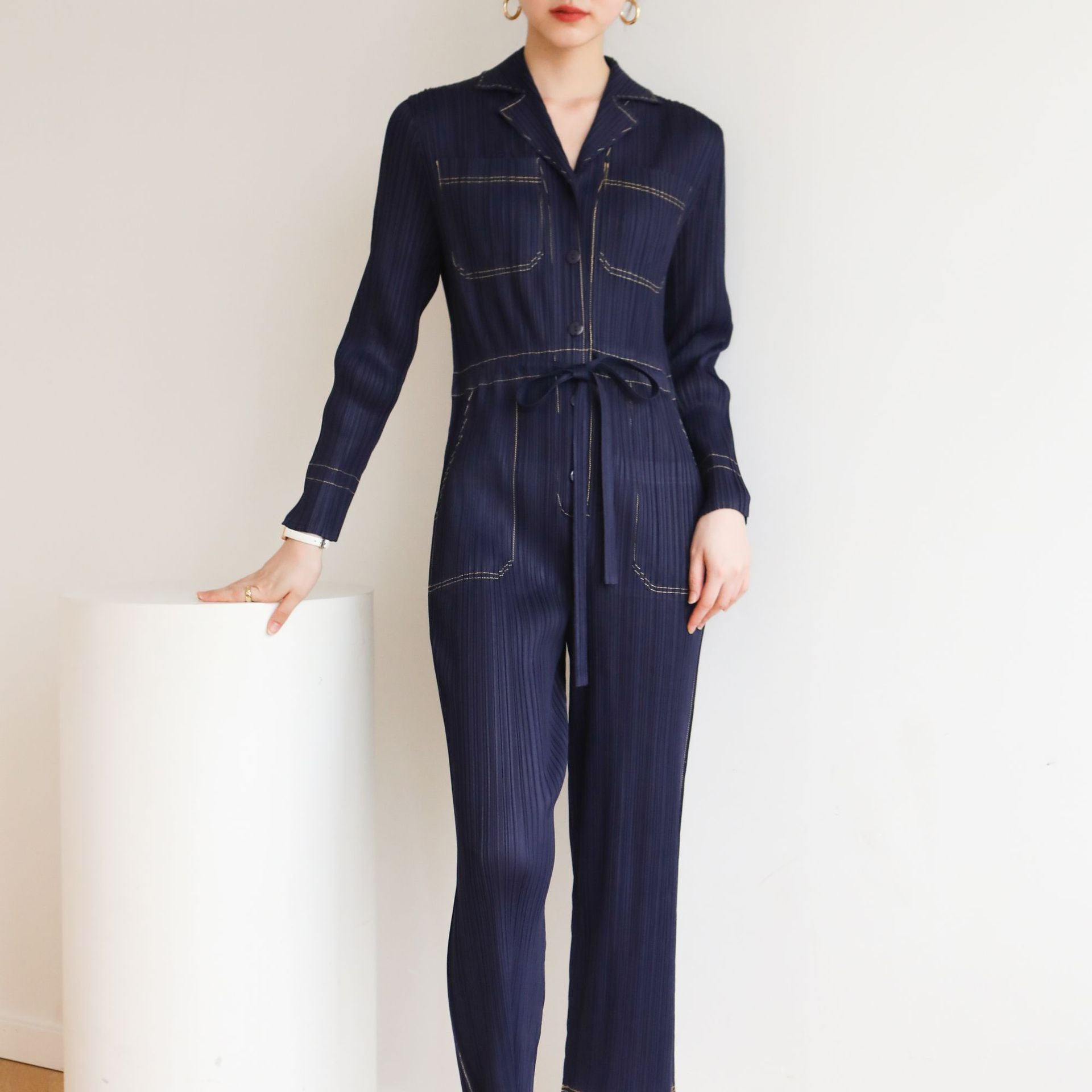 Pleated Denim Jumpsuit – Casual Korean Style with Lace-Up Waist & Tunic Design