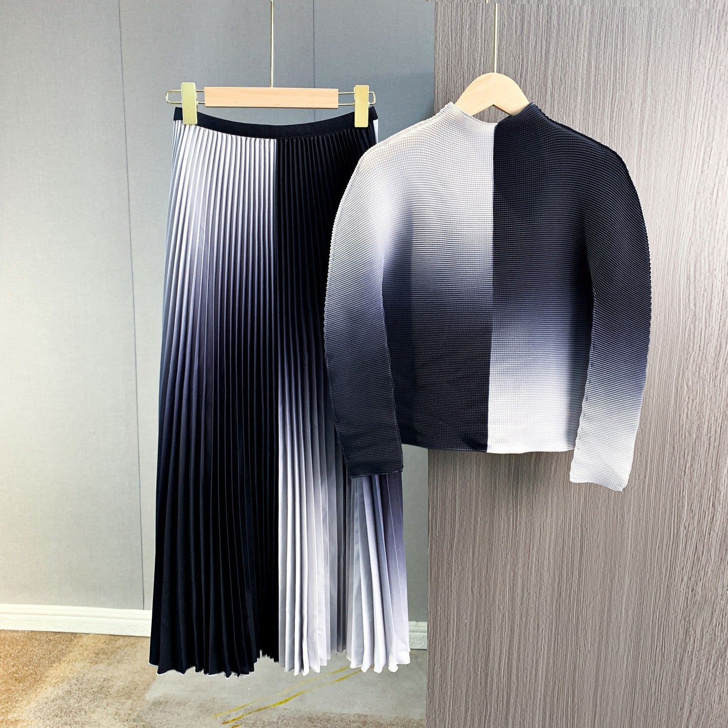Pleated Top and Slim Skirt Two-Piece Set
