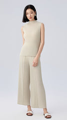 2025 Summer Pleated Two-Piece Set – Sleeveless Top & Wide-Leg Pants, Solid Color Casual Chic