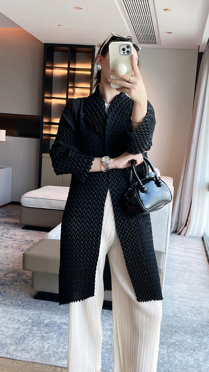 2025 Fall Winter Pleated Trench Coat – Lapel Mid-Length Versatile Jacket for Women