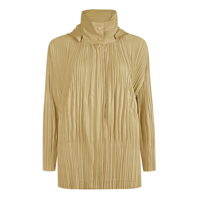 Pleats Please Short Trench Coat – Solid Color Pleated Jacket with Detachable Hood