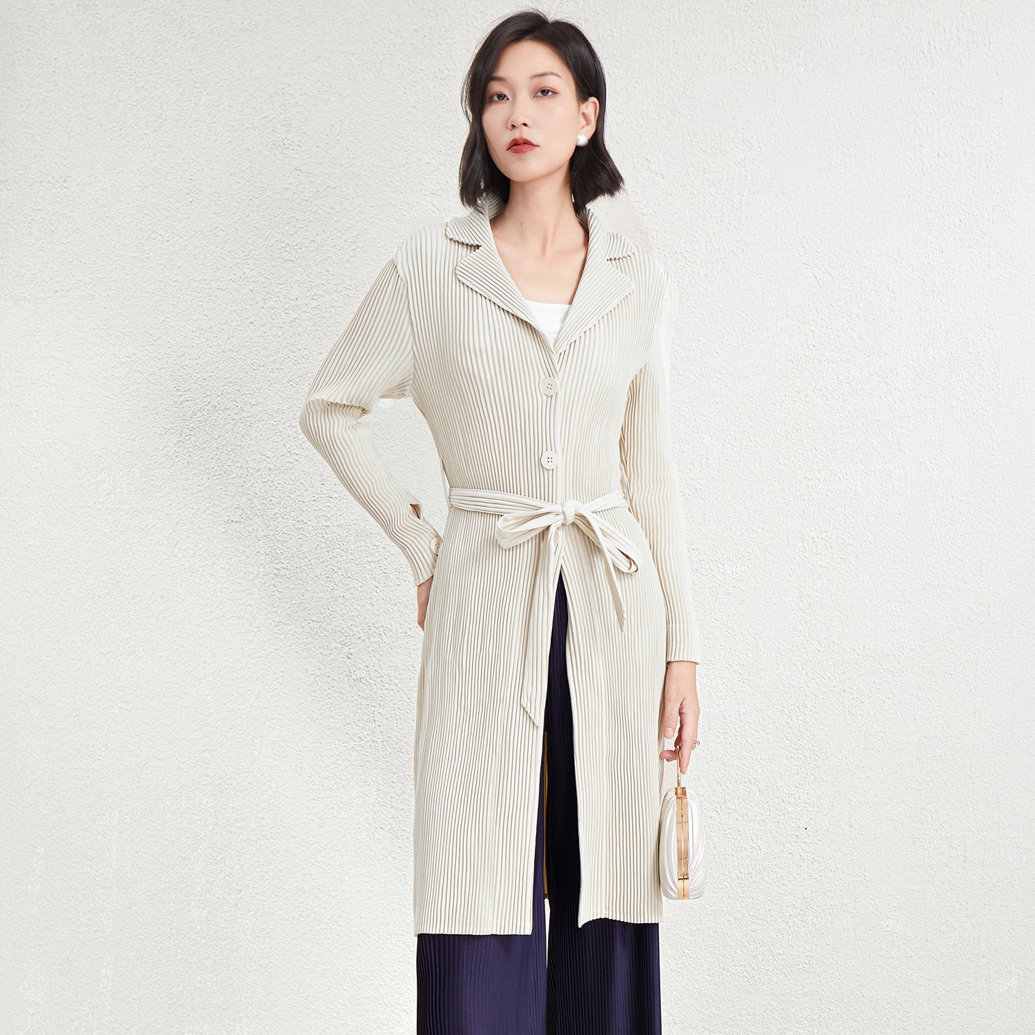 Pleated A-Line Mid-Length Trench Coat – Lace-Up Waist Women’s Outerwear