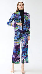 Pleated Printed Jacket and Pants Set – Chic Straight-Leg Two-Piece Outfit