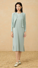 2025 Pre-Fall Pleated Two-Piece Set – Solid Color Long-Sleeve Cardigan & Elegant Dress