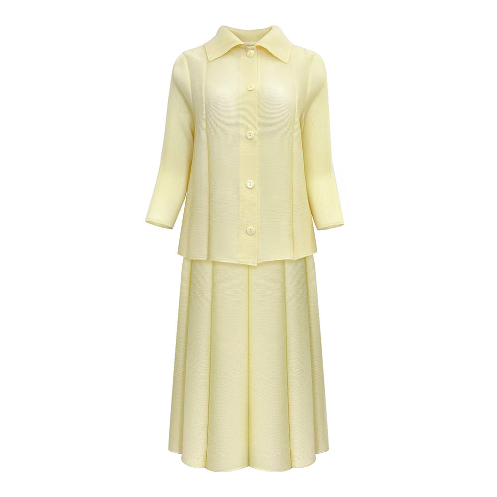 Pleated Two-Piece Set – Buttoned Cardigan Top and Puffy Skirt