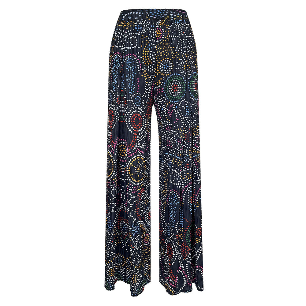 Boho Two-Piece Set – Dot Print Top and Pleated Wide-Leg Pants