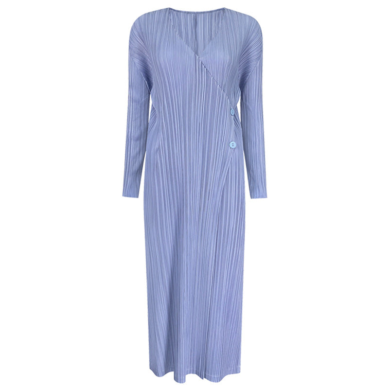 Pleats Please Long Trench Coat – Solid Color Pleated Double-Breasted Style