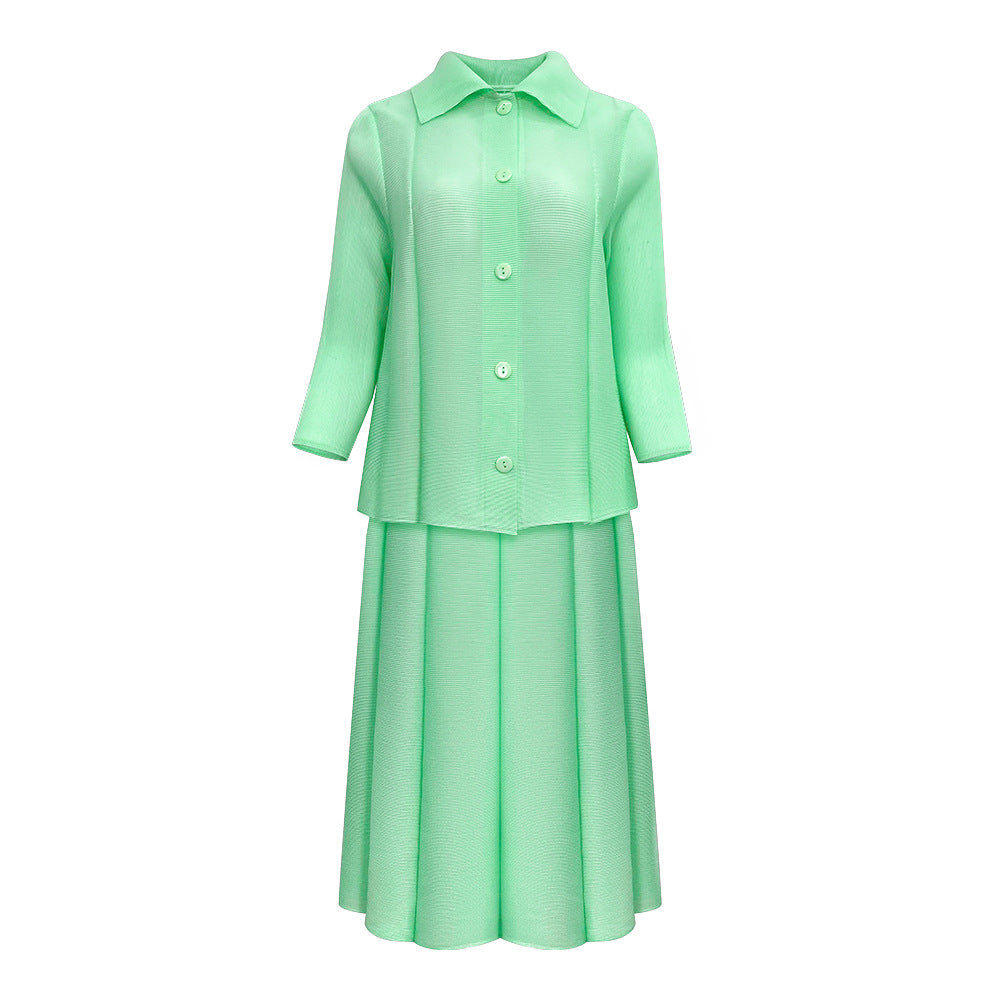 Pleated Two-Piece Set – Buttoned Cardigan Top and Puffy Skirt