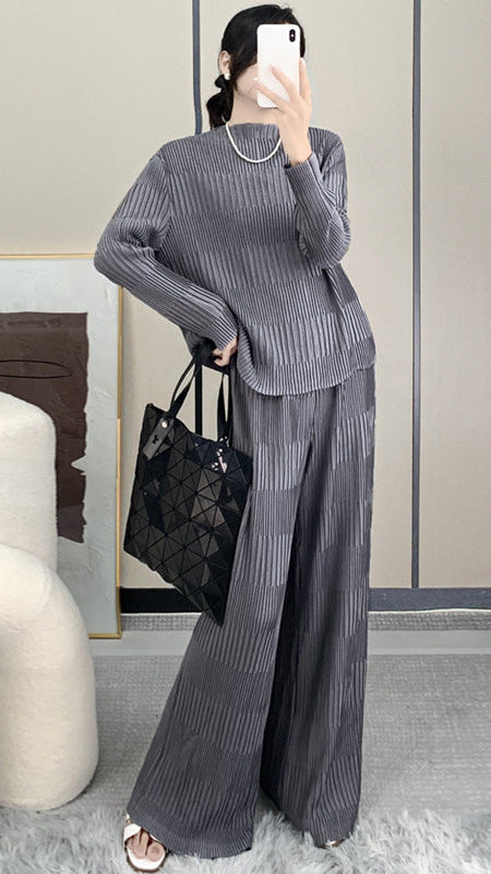 Women’s Fall Pleated Two-Piece Set – Crew Neck Top and Wide-Leg Pants
