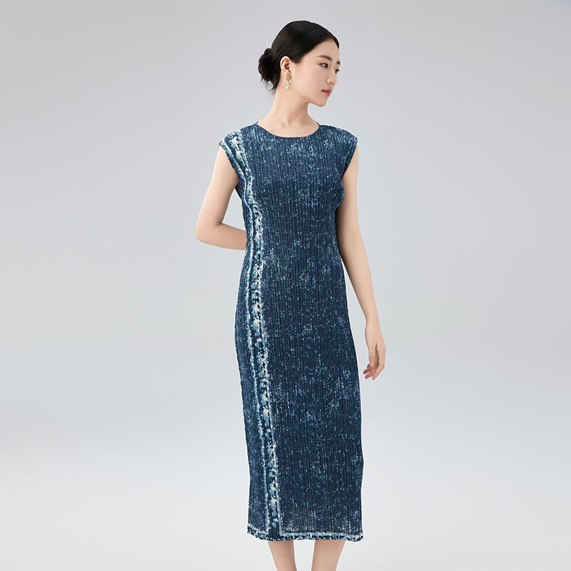 Hot-Selling Pleated Print Dress – Sleeveless A-Line, Plus-Size Friendly, Elegant Casual Style