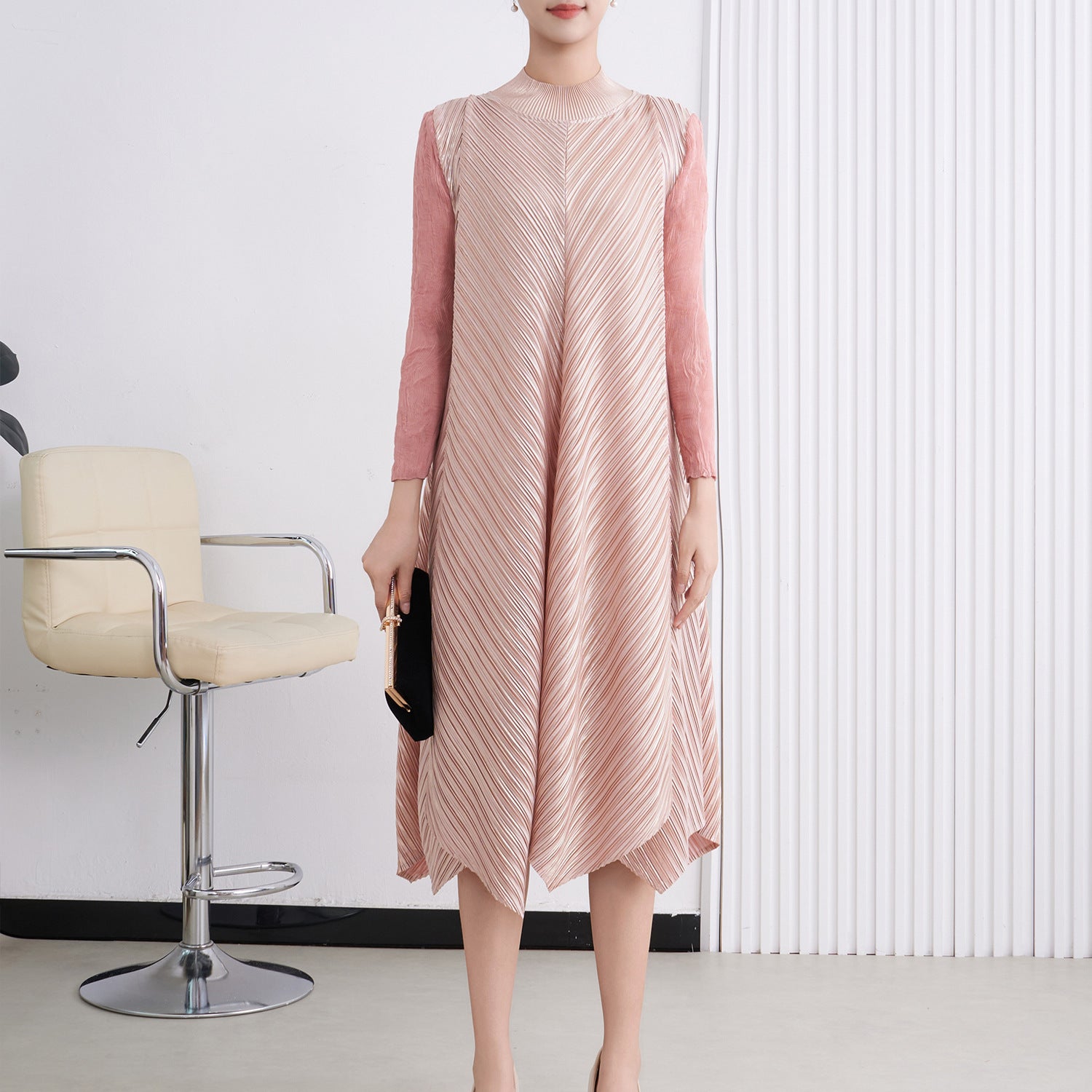 Pleated Gilded Irregular Long Dress – Elegant Evening Maxi for Women