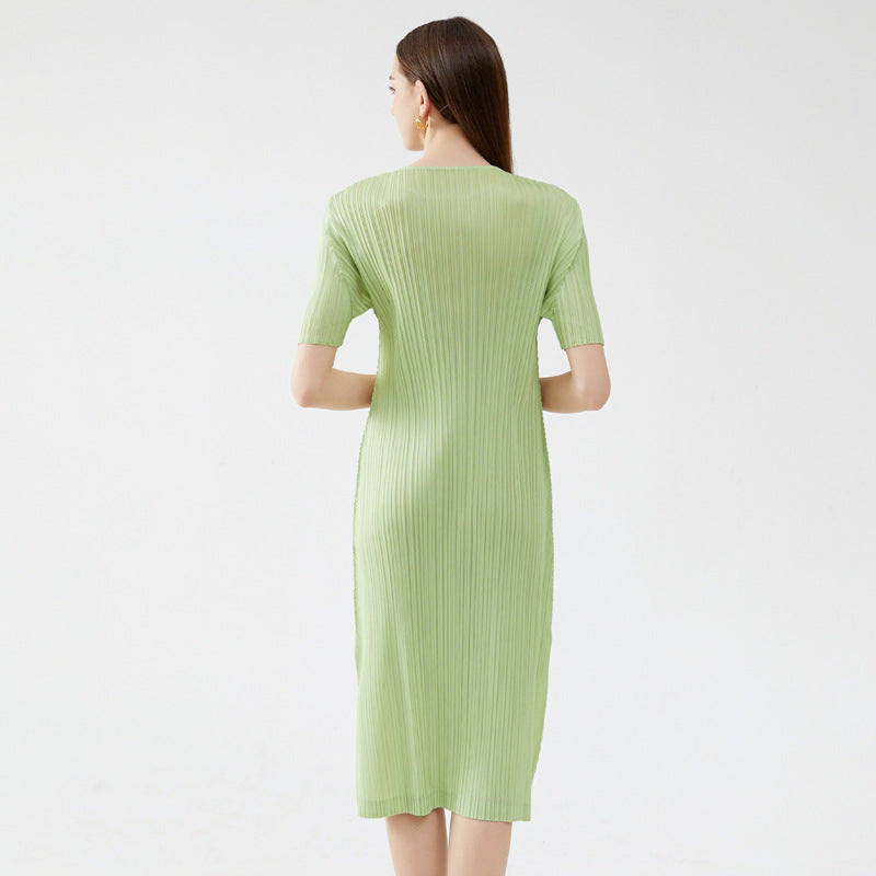 Pleated A-Line Dress – Solid Color Slim Fit Midi