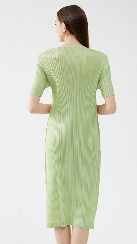 Pleated Solid Color Midi Dress – Short Sleeve Slim A-Line Style