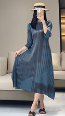 Miyake stripe print vintage dress women's spring and summer high-end pleats waist slimming crew neck bottom long skirt