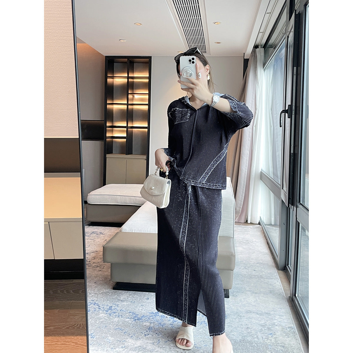 2025 Fall Winter Pleated Denim Two-Piece Set – Hooded Top & Slit Skirt, Casual Chic Style
