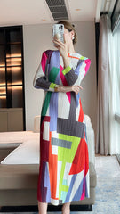 2025 Pleated Autumn New High-End Geometric Print Crew Neck Slim Slim Dress Elegant Long Skirt