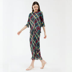 Pleats Please Two-Piece Set – Rhombic Pleated Top & Tassel A-Line Skirt