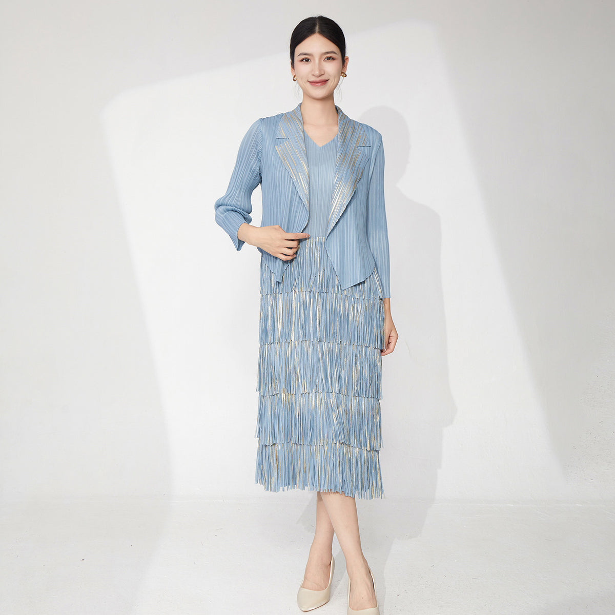 Pleats Please Two-Piece Set – Bronzed Blazer & Fringed Pleated Dress