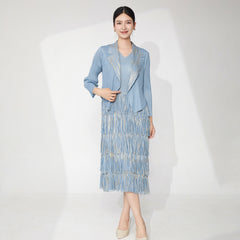 Pleats Please Two-Piece Set – Bronzed Blazer & Fringed Pleated Dress