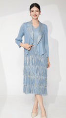 Pleats Please Two-Piece Set – Bronzed Blazer & Fringed Pleated Dress