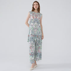 Boho Two-Piece Set – Dot Print Top and Pleated Wide-Leg Pants