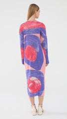 Pleated Vintage Circle Print Midi Dress – Slim Long Sleeve Round Neck