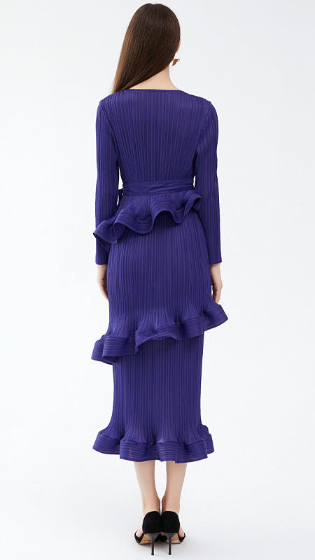 Pleated Ruffled Lace-Up Midi Dress – Slim Long Sleeve Women’s Style