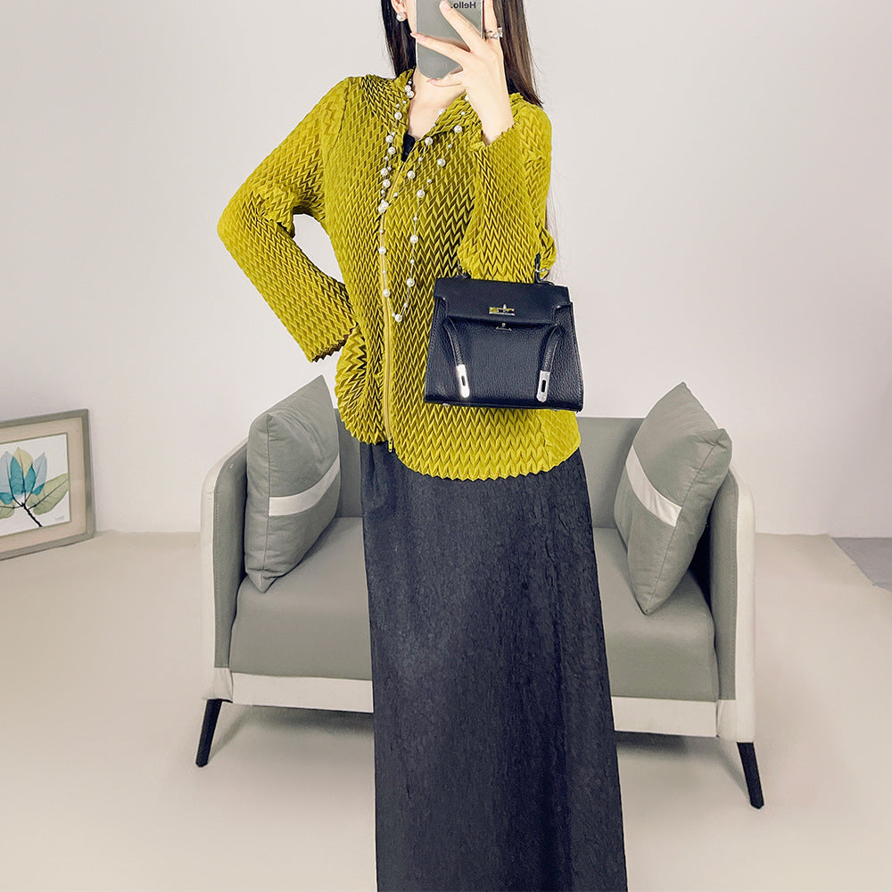 2025 Fall Winter High-End Pleated Wavy Jacket – Solid Color Lapel, Long Sleeve Zipper Cardigan for Women
