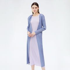 Pleats Please Long Trench Coat – Solid Color Pleated Double-Breasted Style