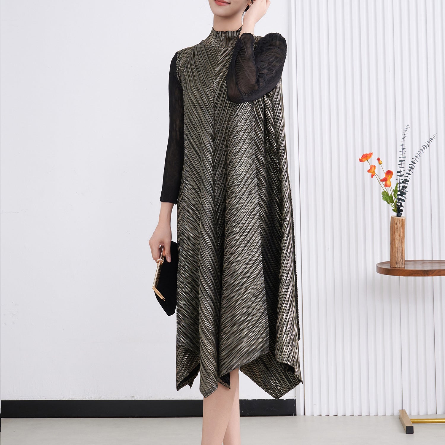 Pleated Gilded Irregular Long Dress – Elegant Evening Maxi for Women