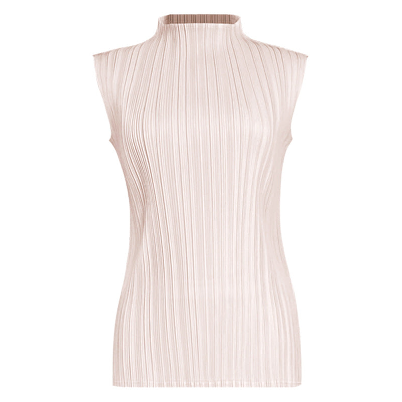 Pleats Summer Slim Sleeveless High-Neck Pleated Vest – Elegant Basic Top