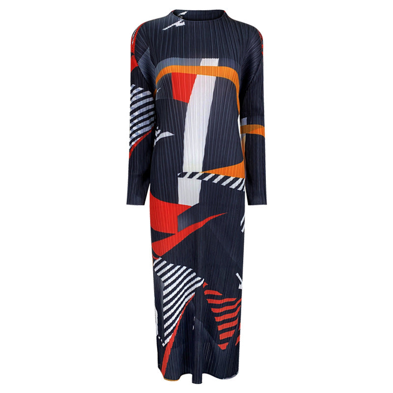 Pleated Printed A-Line Midi Dress – Slim Long Sleeve Women’s Style