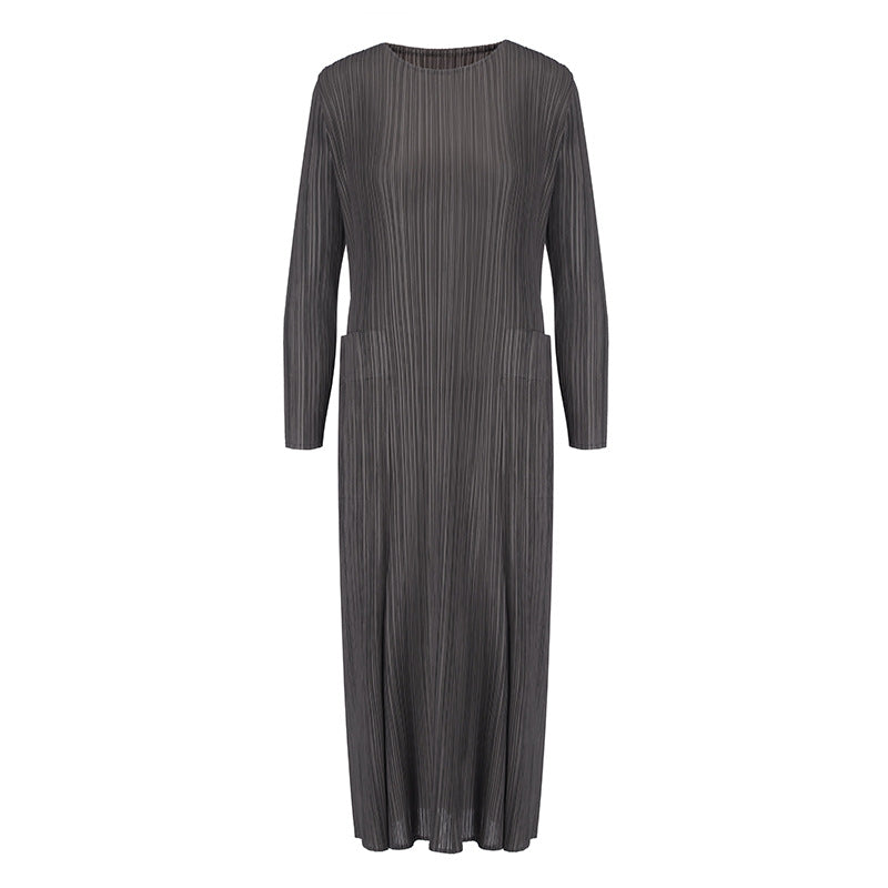 2025 Fall Winter Pleated Long Sleeve Dress – Slim Fit, Elegant Maxi Style for Women