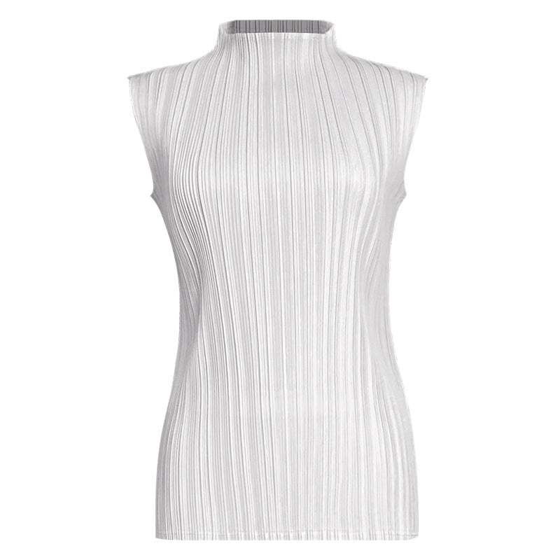 Pleats Summer Slim Sleeveless High-Neck Pleated Vest – Elegant Basic Top