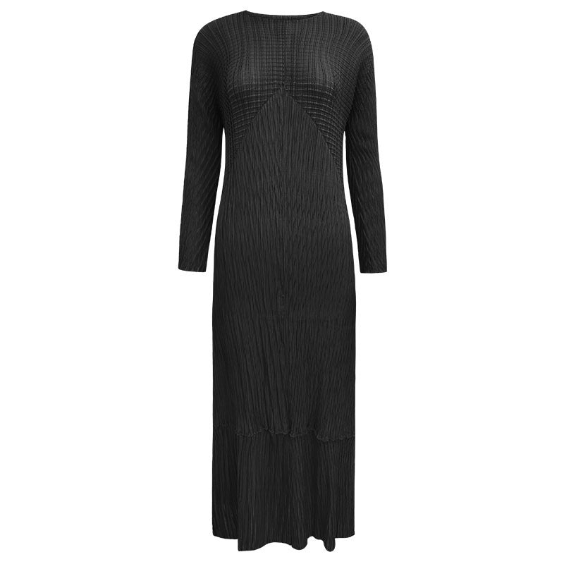 Pleated Fish Scale Maxi Dress – Solid Color Long Sleeve Elegance