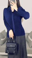 2025 Fall Winter High-End Pleated Wavy Jacket – Solid Color Lapel, Long Sleeve Zipper Cardigan for Women