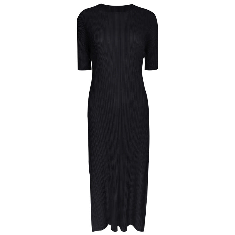 Pleated A-Line Dress – Solid Color Slim Fit Midi