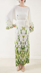 Pleated Printed Lace-Up Straight Dress – Elegant and Modern Women’s Style