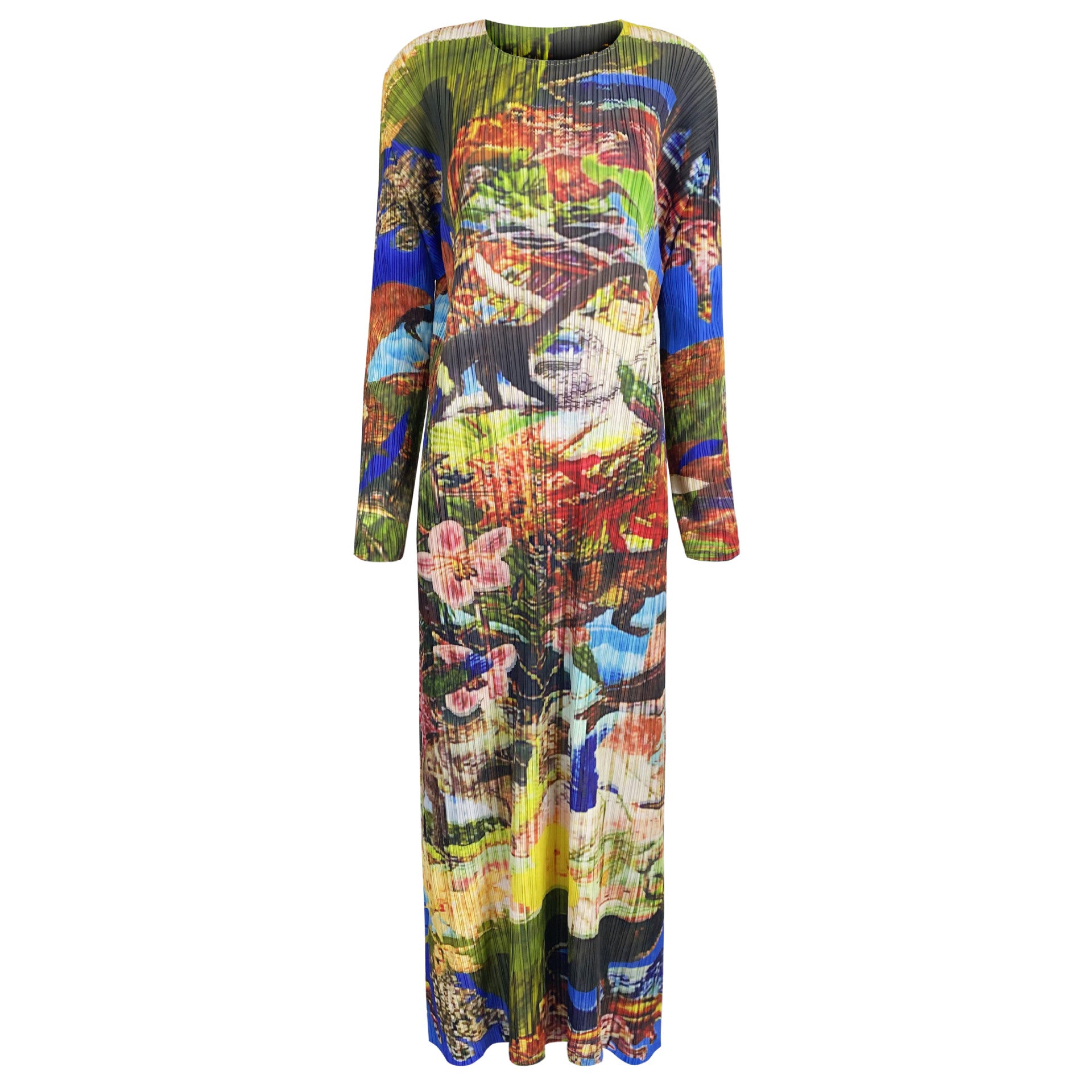 Miyake dress women's summer new pleated Jurassic print long sleeve crew neck A-line skirt long colored skirt
