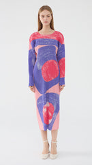 Pleated Vintage Circle Print Midi Dress – Slim Long Sleeve Round Neck
