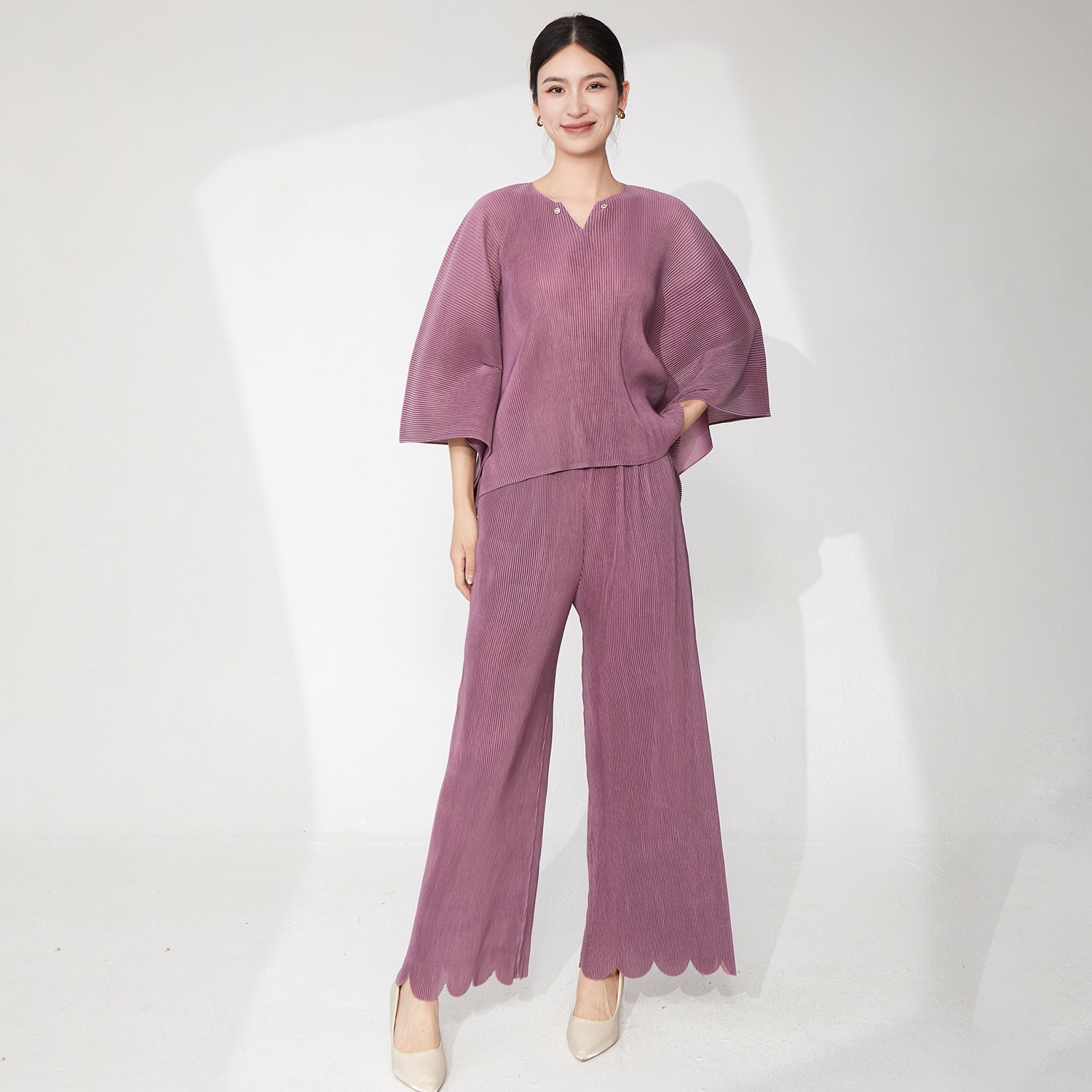 Pleats Please Plus-Size Summer Two-Piece Set – Irregular Top & Straight Pants