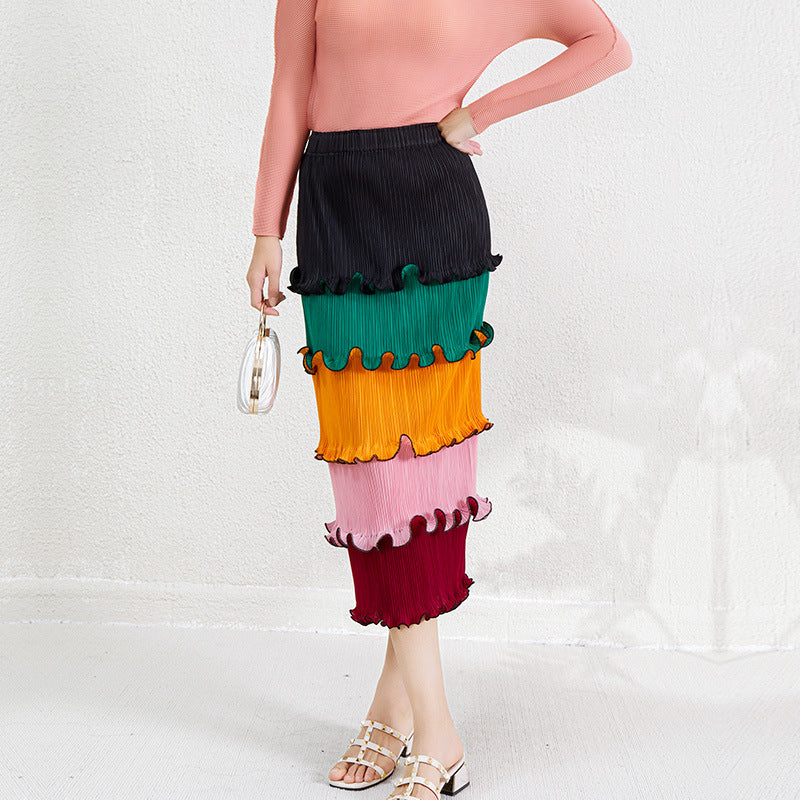 Pleats Please Colorful Striped Maxi Dress – Layered Pleated Long Style