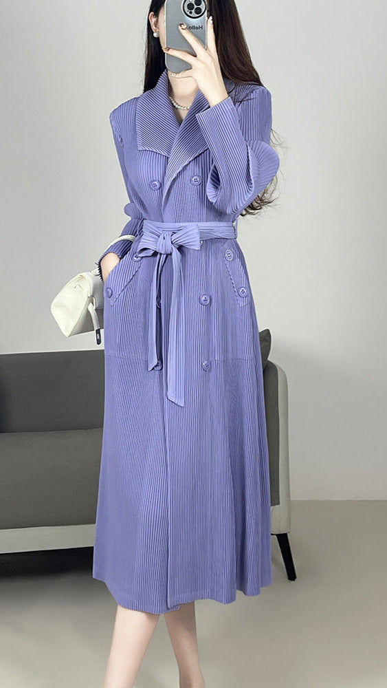2025 Fall Winter Pleated Trench Coat – Lapel Mid-Length Coat with Adjustable Tie Waist for Women