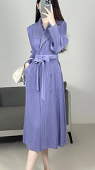2025 Fall Winter Pleated Trench Coat – Lapel Mid-Length Coat with Adjustable Tie Waist for Women