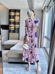 Women’s Autumn Pleated Maxi Dress – Printed Long-Sleeve Elegant Slim Fit Style