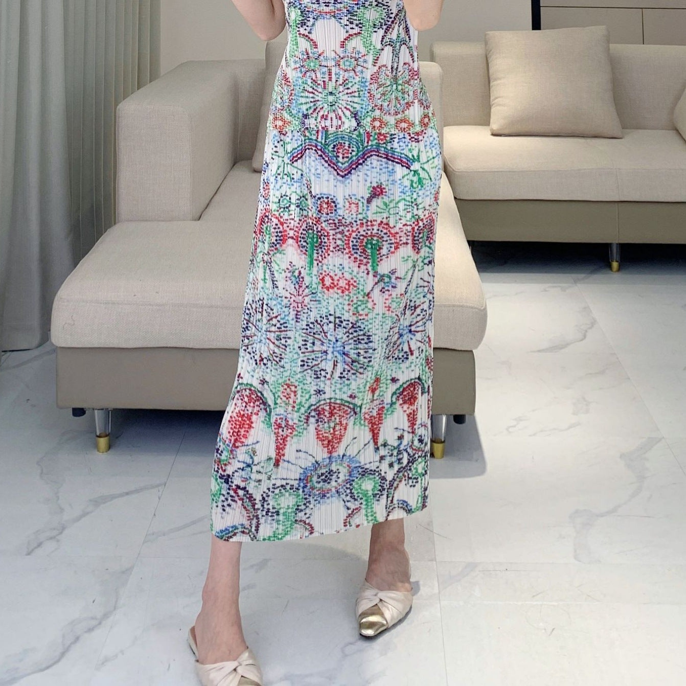 Issey Miyake Pleats Please Style 復古印花修身兩件套