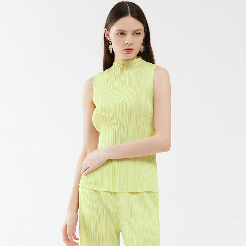 Pleats Summer Slim Sleeveless High-Neck Pleated Vest – Elegant Basic Top