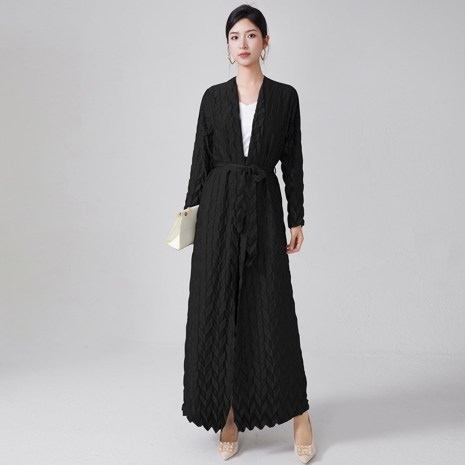 Pleats Please Lace-Up Trench Coat – Plus-Size Friendly Pleated Mid-Length Jacket