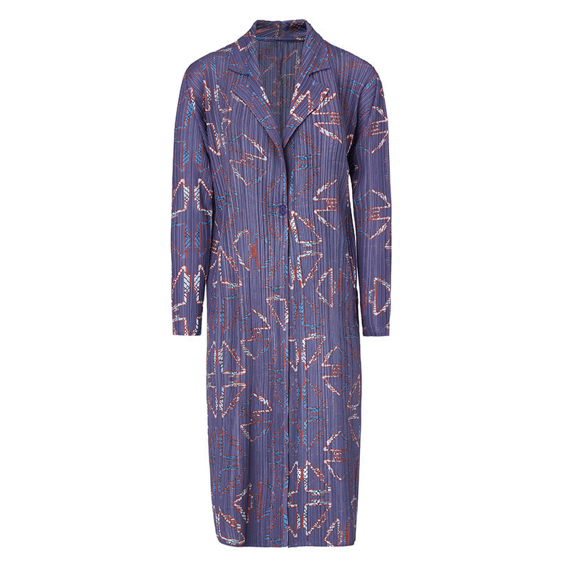 Women’s Autumn Pleated Trench Coat – French Print Lapel Jacket