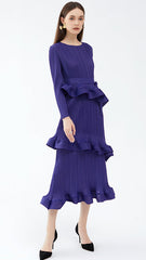 Pleated Ruffled Lace-Up Midi Dress – Slim Long Sleeve Women’s Style